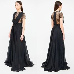 ABS Allen Schwartz Black Silk Beaded Lace Draped Gown